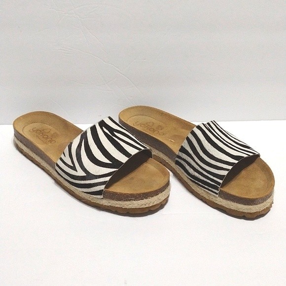 Yokono Zebra Print Calf Hair Leather Slide Sandals US 9 Chunky Strap - Picture 2 of 11